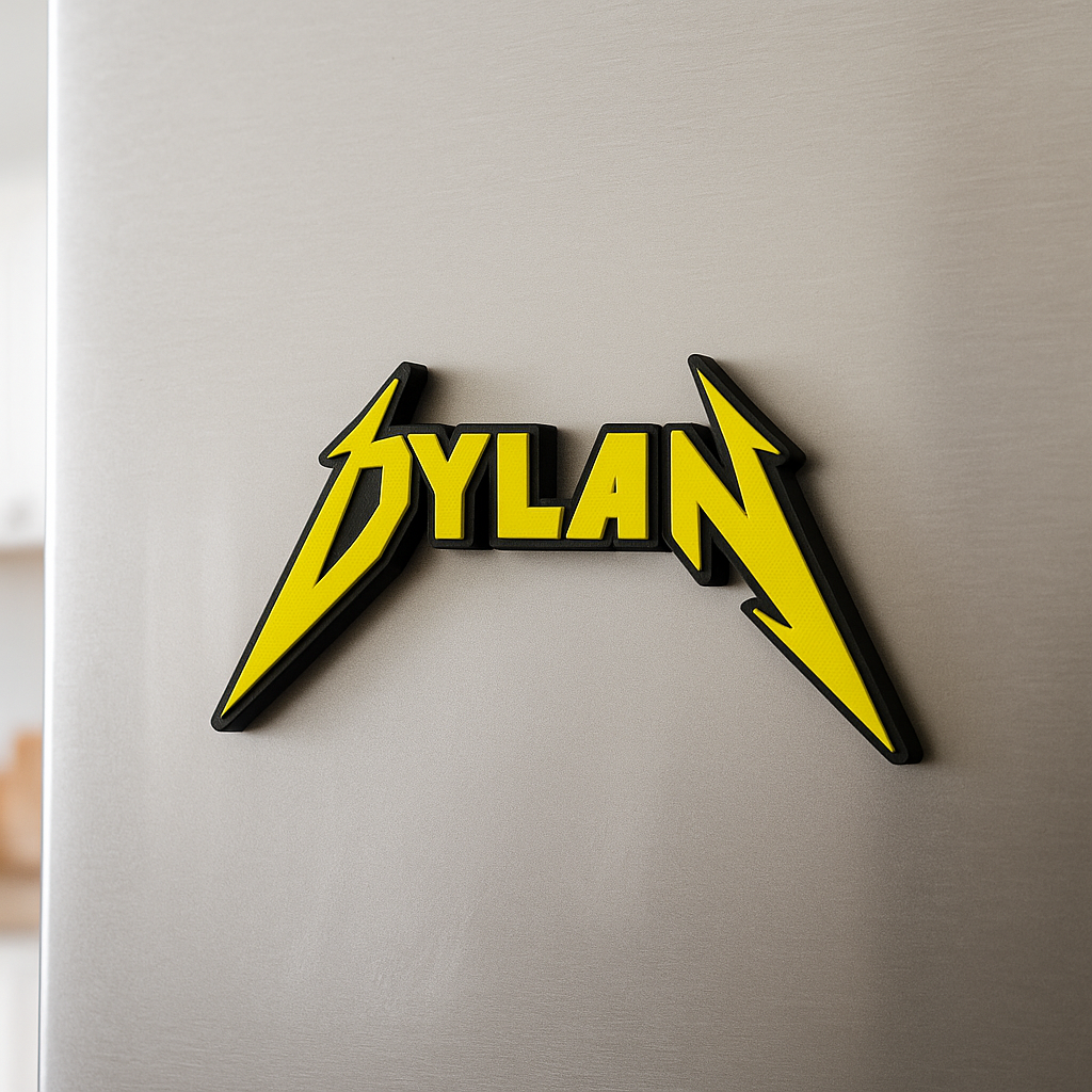 Custom Metallica fridge magnet with the name "Dylan"