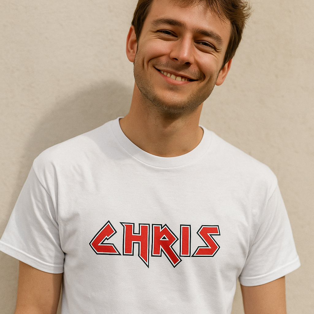 Man wearing a custom white iron maiden t-shirt with 'CHRIS' printed in red letters against a beige background