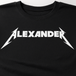 Custom Black Metallica t-shirt with 'ALEXANDER' printed in white on a plain background