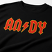 Black custom ACDC t-shirt with red and yellow 'An*Dy' text design on a white background