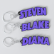 Three custom Black Sabbath keychains with the names STEVEN, BLAKE, and DIANA printed in purple on a white background.