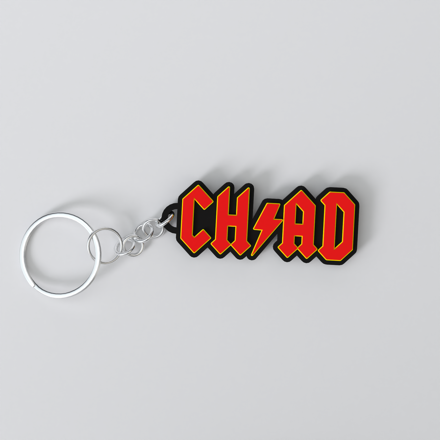 Custom ACDC keychain with the name 'CHAD'.