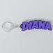 A custom Black Sabbath keychain with the name DIANA printed in purple on a white background.