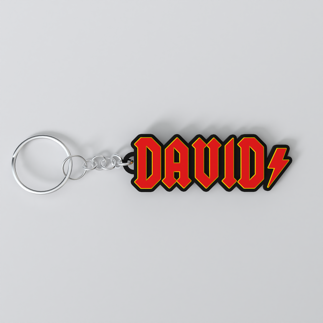 Custom ACDC keychain with the name 'DAVID'.