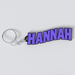 A custom Black Sabbath keychain with the name HANNAH printed in purple on a white background.