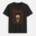 Black short-sleeve t-shirt with a round neckline, featuring a graphic print of a skull with the name Slipknot Custom name'Steven' above it in stylized text, with a design resembling flames around the skull.