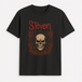 Black short-sleeve t-shirt with a round neckline, featuring a graphic print of a skull with the name Slipknot Custom name'Steven' above it in stylized text, with a design resembling flames around the skull.