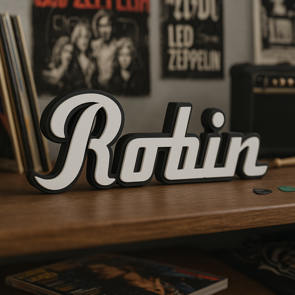 Wooden shelf with vinyl records, a guitar, and a 'Robin' Foo Fighters custom sign in a music-themed room.