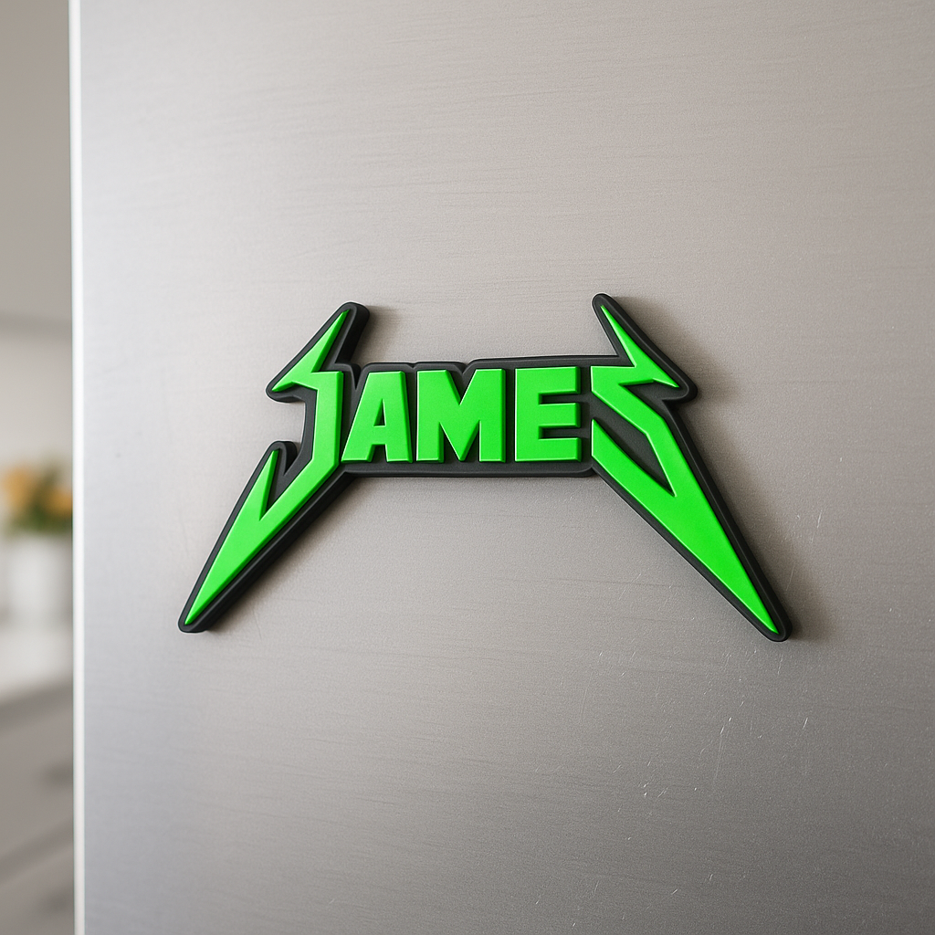 Custom Metallica fridge magnet with the name "James"
