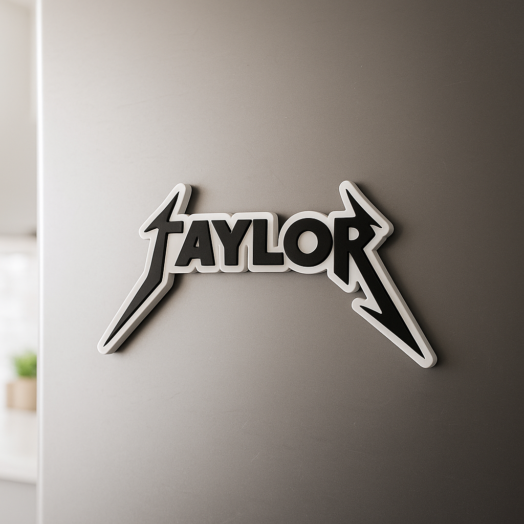 Custom Metallica fridge magnet with the name "Taylor"