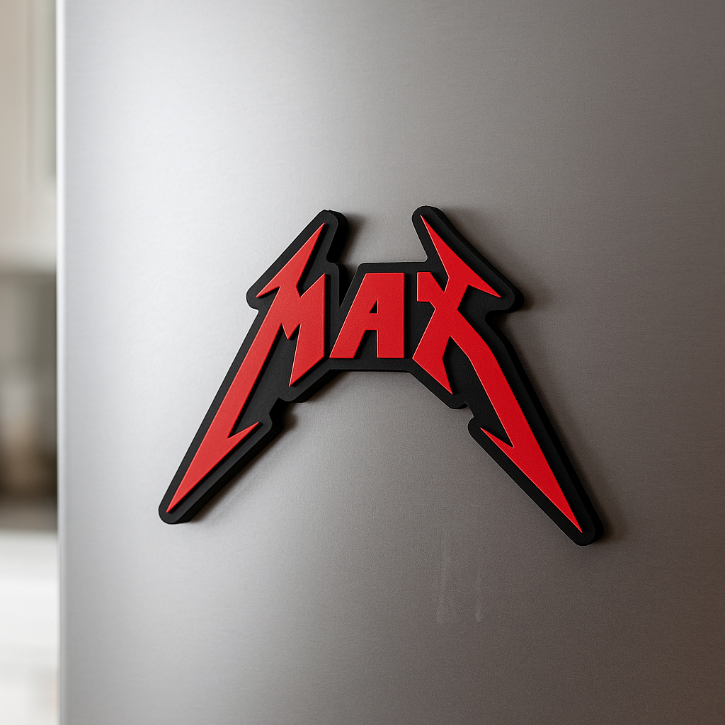 Custom Metallica fridge magnet with the name "Max"