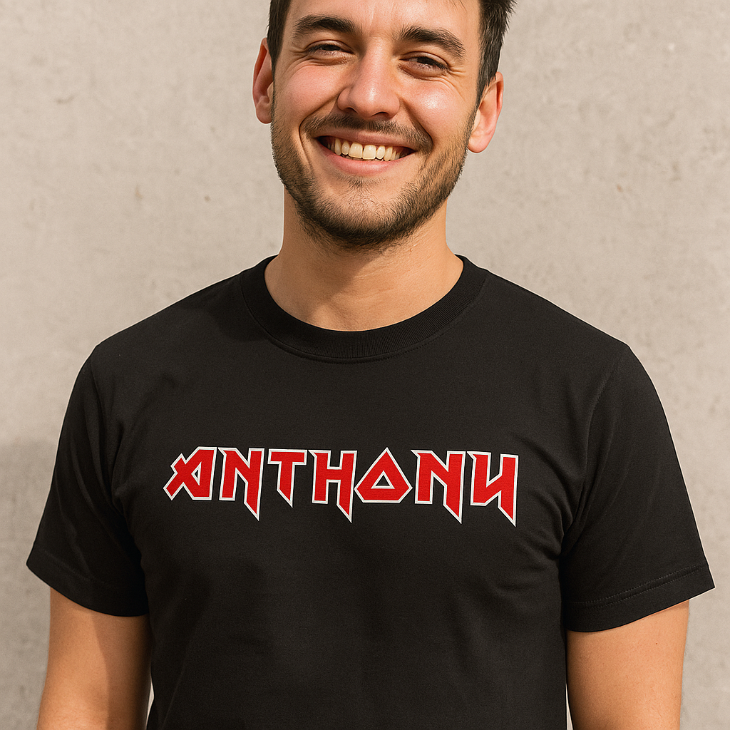 Man wearing a black Custom Iron Maiden t-shirt with 'ANTHONY' printed in red on a plain background