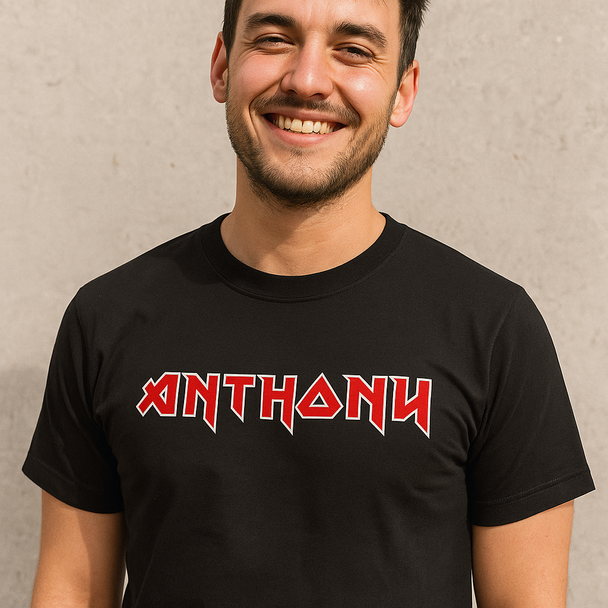 Man wearing a black Custom Iron Maiden t-shirt with 'ANTHONY' printed in red on a plain background