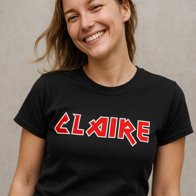 Woman wearing a custom black iron maiden t-shirt with 'CLAIRE' printed in red and white.