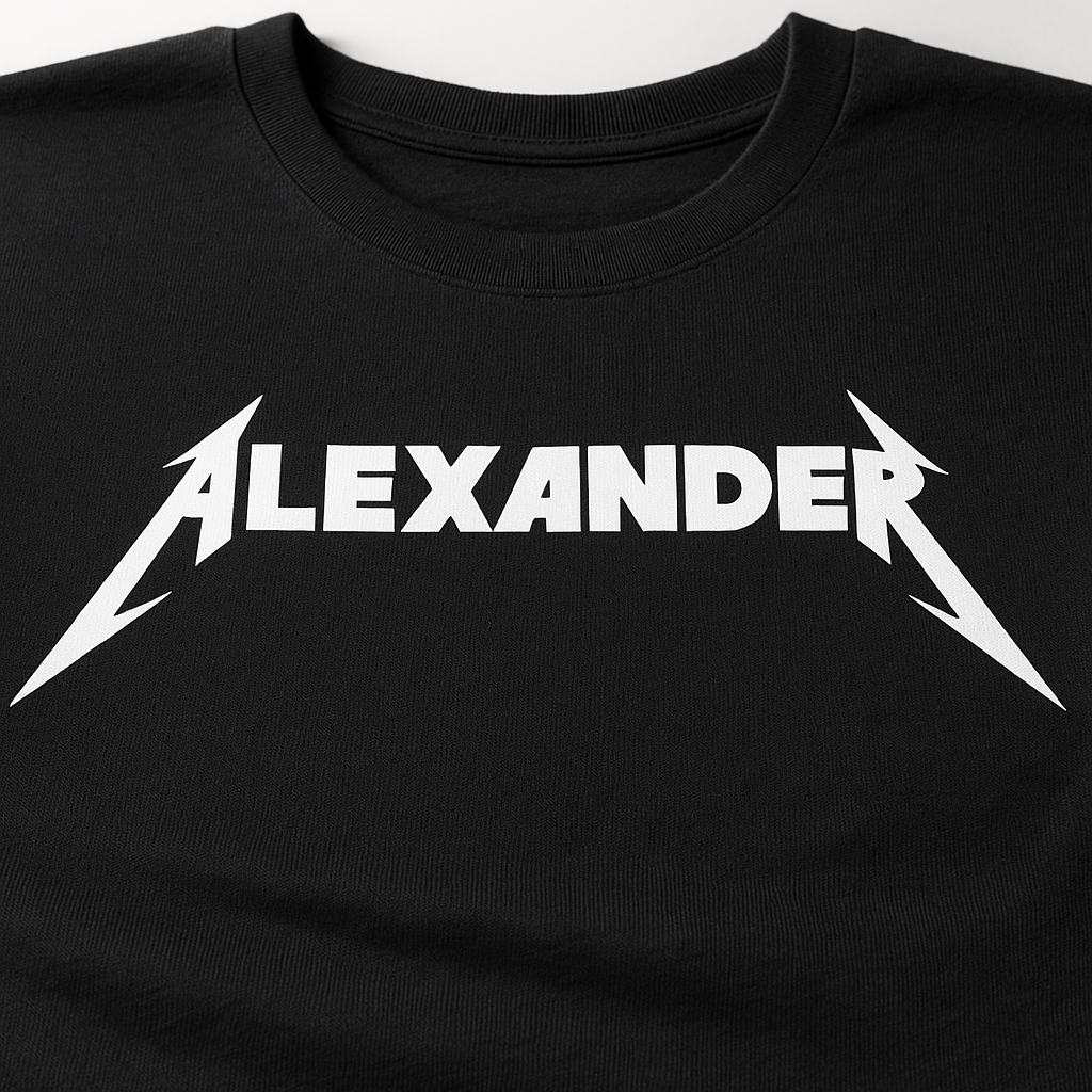 Custom Black Metallica t-shirt with 'ALEXANDER' printed in white on a plain background