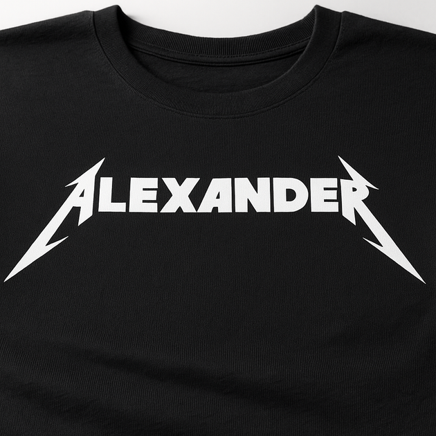 Custom Black Metallica t-shirt with 'ALEXANDER' printed in white on a plain background