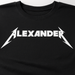 Custom Black Metallica t-shirt with 'ALEXANDER' printed in white on a plain background