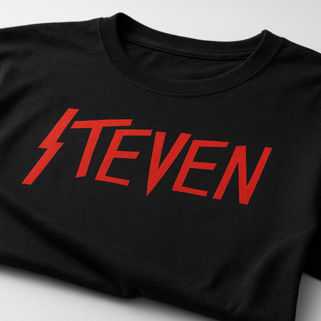 Black Slayer custom t-shirt with red 'STEVEN' print on a white background