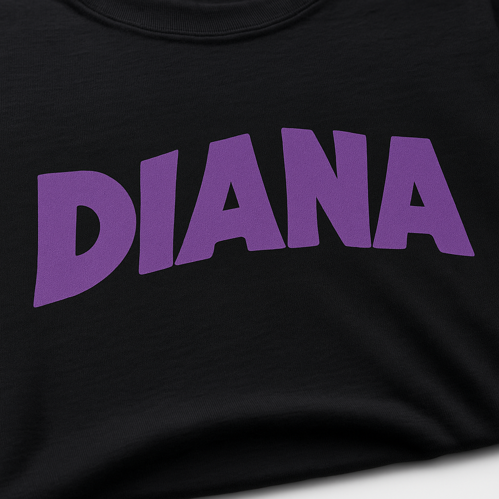 Black Sabbath t-shirt with 'DIANA' printed in purple on a white background