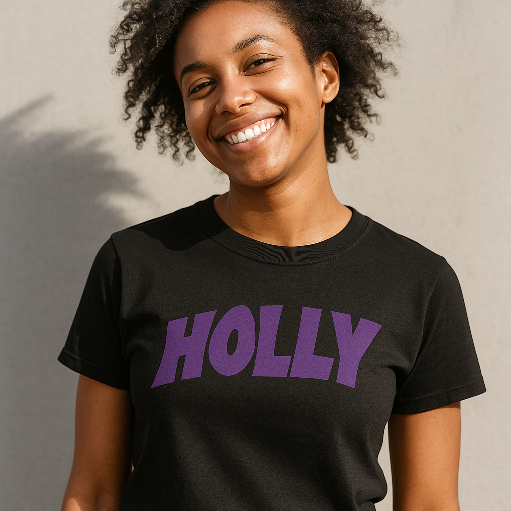 Woman wearing a Custom Black Sabbath t-shirt with 'HOLLY' printed in purple on a neutral background