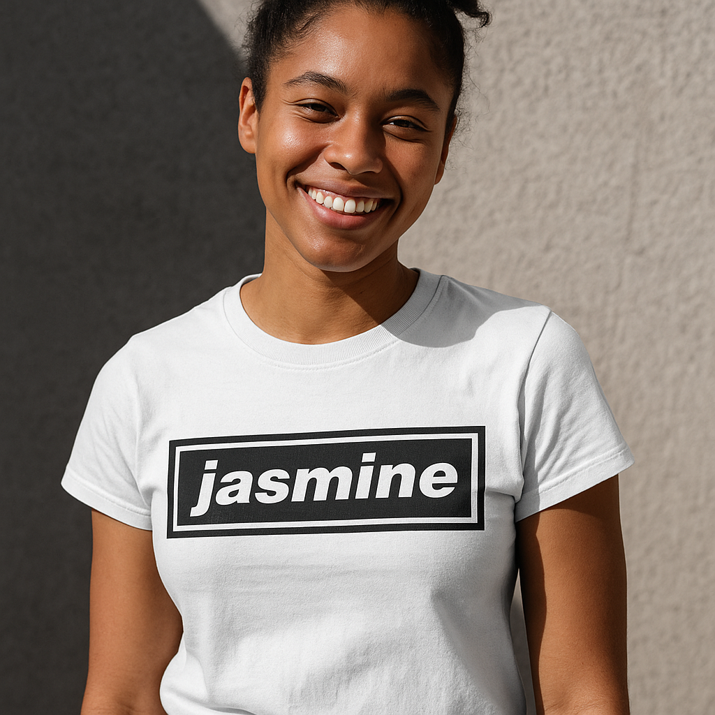 Person wearing a custom/personalized white t-shirt with 'jasmine' Oasis logo printed on it against a neutral background