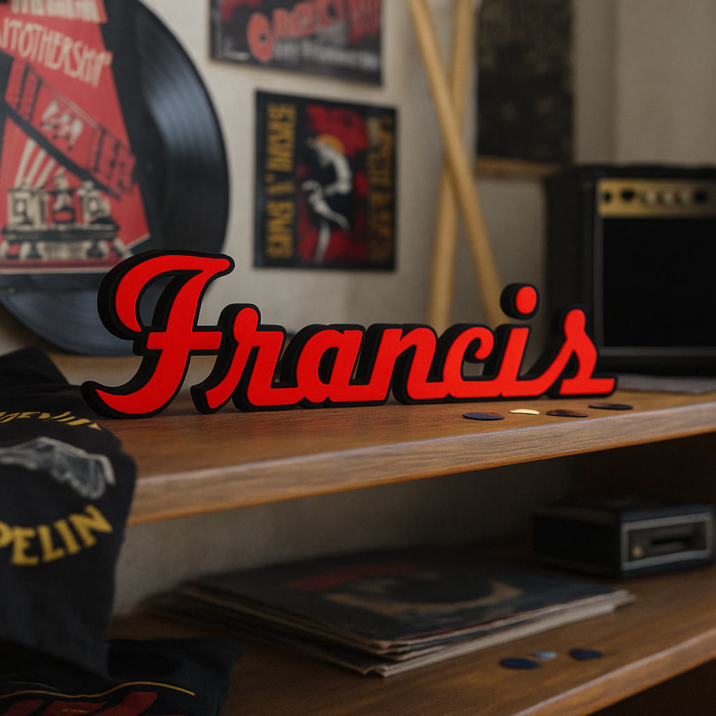Wooden shelf with vinyl records, a guitar, and a 'Francis' Foo Fighters custom sign in a music-themed room.