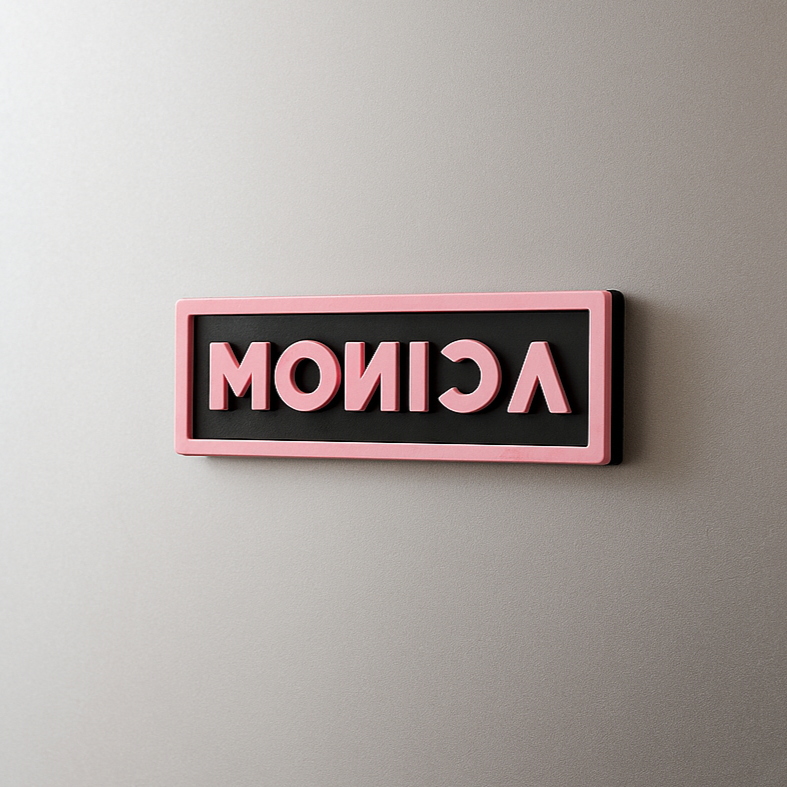 Blackpink custom magnet with the name 'MONICA' in pink letters on a gray fridge.