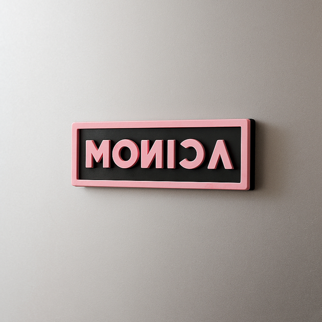 Blackpink custom magnet with the name 'MONICA' in pink letters on a gray fridge.