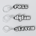 Three custom The Doors keychains with the names 'ross', 'dylan', and 'steven' printed on them, each keychain is black with a white outline of the name and a silver keyring.