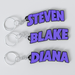 Three custom Black Sabbath keychains with the names STEVEN, BLAKE, and DIANA printed in purple on a white background.