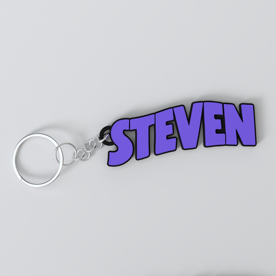 A custom Black Sabbath keychain with the name STEVEN printed in purple on a white background.