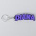 A custom Black Sabbath keychain with the name DIANA printed in purple on a white background.