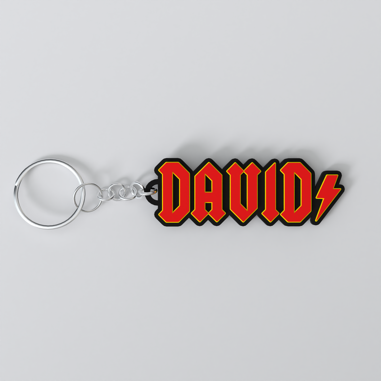 Custom ACDC keychain with the name 'DAVID'.