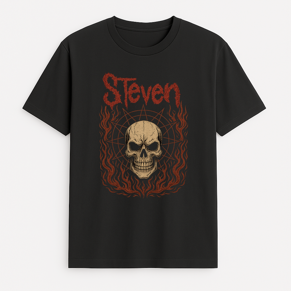 Black short-sleeve t-shirt with a round neckline, featuring a graphic print of a skull with the name Slipknot Custom name'Steven' above it in stylized text, with a design resembling flames around the skull.