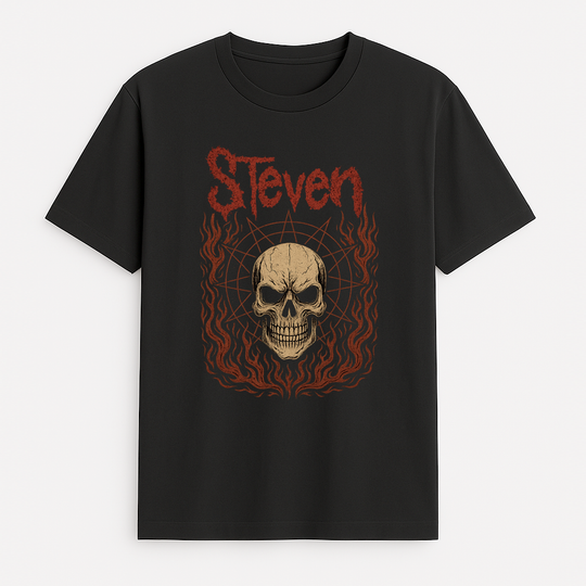 Black short-sleeve t-shirt with a round neckline, featuring a graphic print of a skull with the name Slipknot Custom name'Steven' above it in stylized text, with a design resembling flames around the skull.