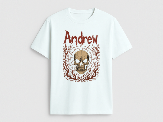 Black short-sleeve t-shirt with a round neckline, featuring a graphic print of a skull with the name Custom Slipknot name 'Steven' above it in stylized text, with a design resembling flames around the skull.