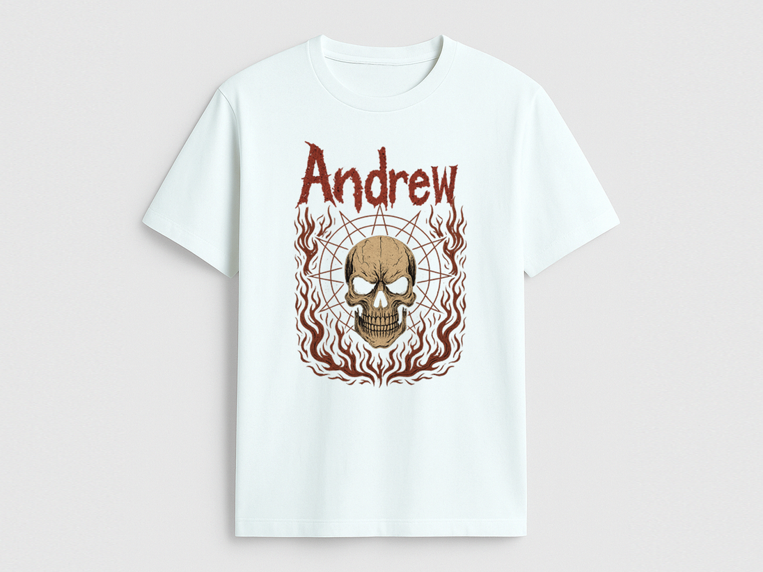 Black short-sleeve t-shirt with a round neckline, featuring a graphic print of a skull with the name Custom Slipknot name 'Steven' above it in stylized text, with a design resembling flames around the skull.